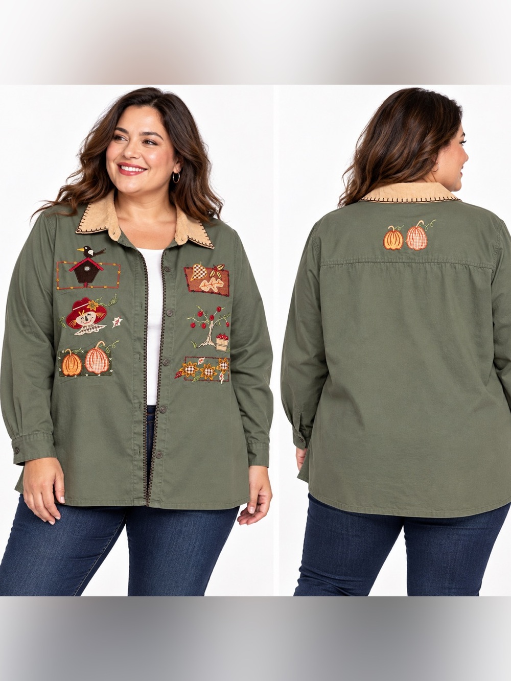 Vintage Bobbie Brooks Woman 22W Fall Harvest Embroidered Shirt Pumpkin Cottageco